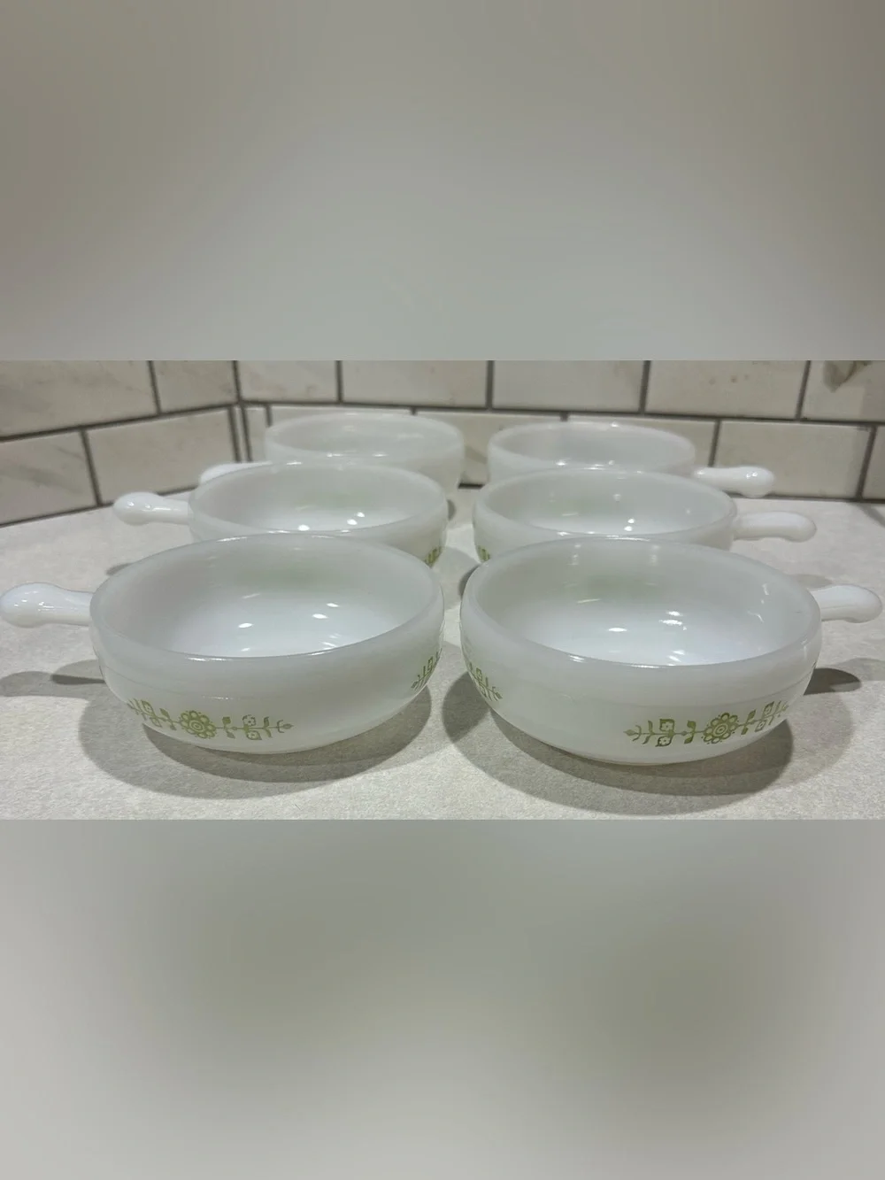 6 -Glasbake Milk Glass Handled Soup Bowl Green Daisy Floral J-2639 MCM USA VTG
